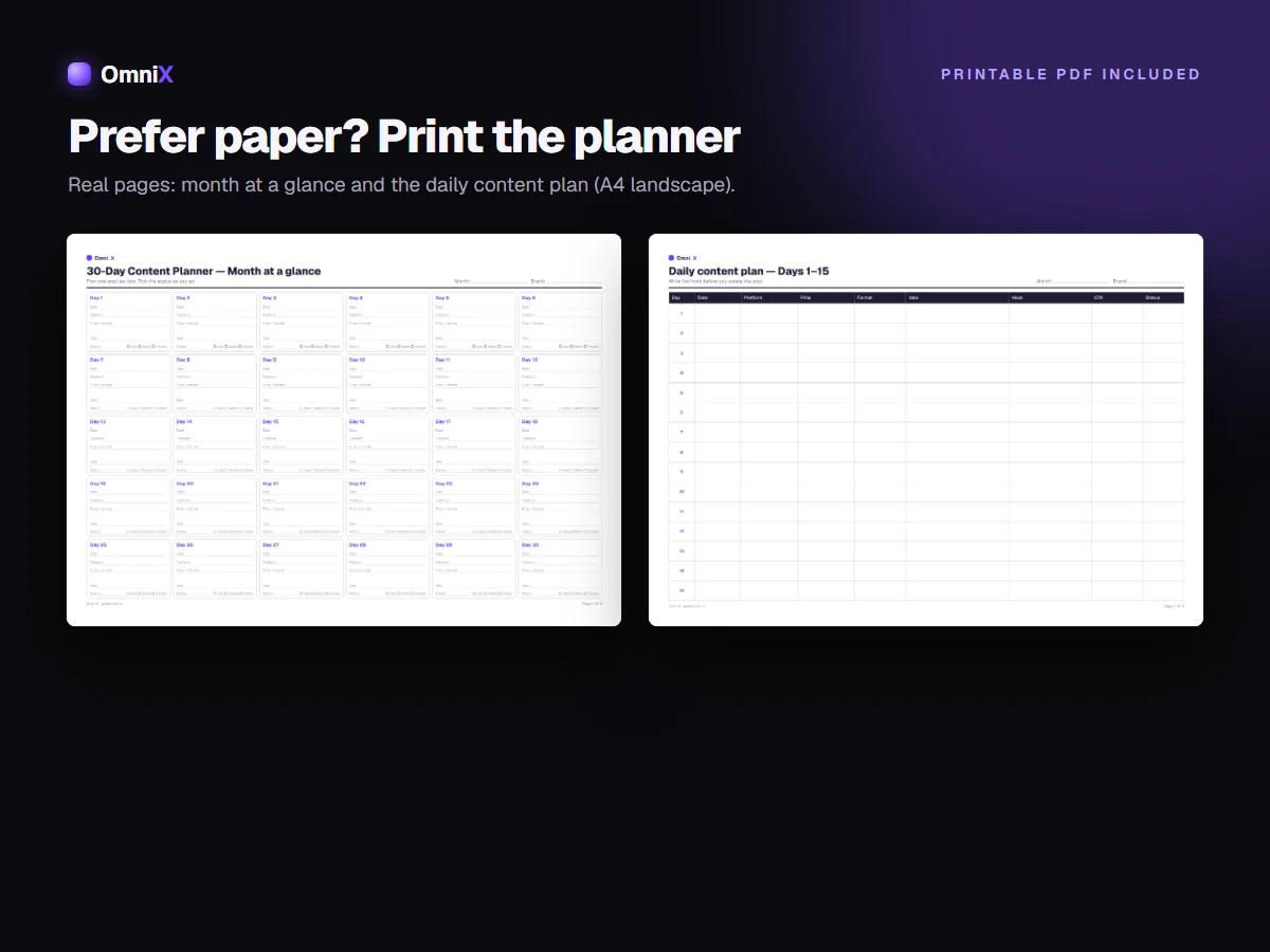 30-Day Content Planner — Editable Excel & Google Sheets Template with Tracker + Printable PDF