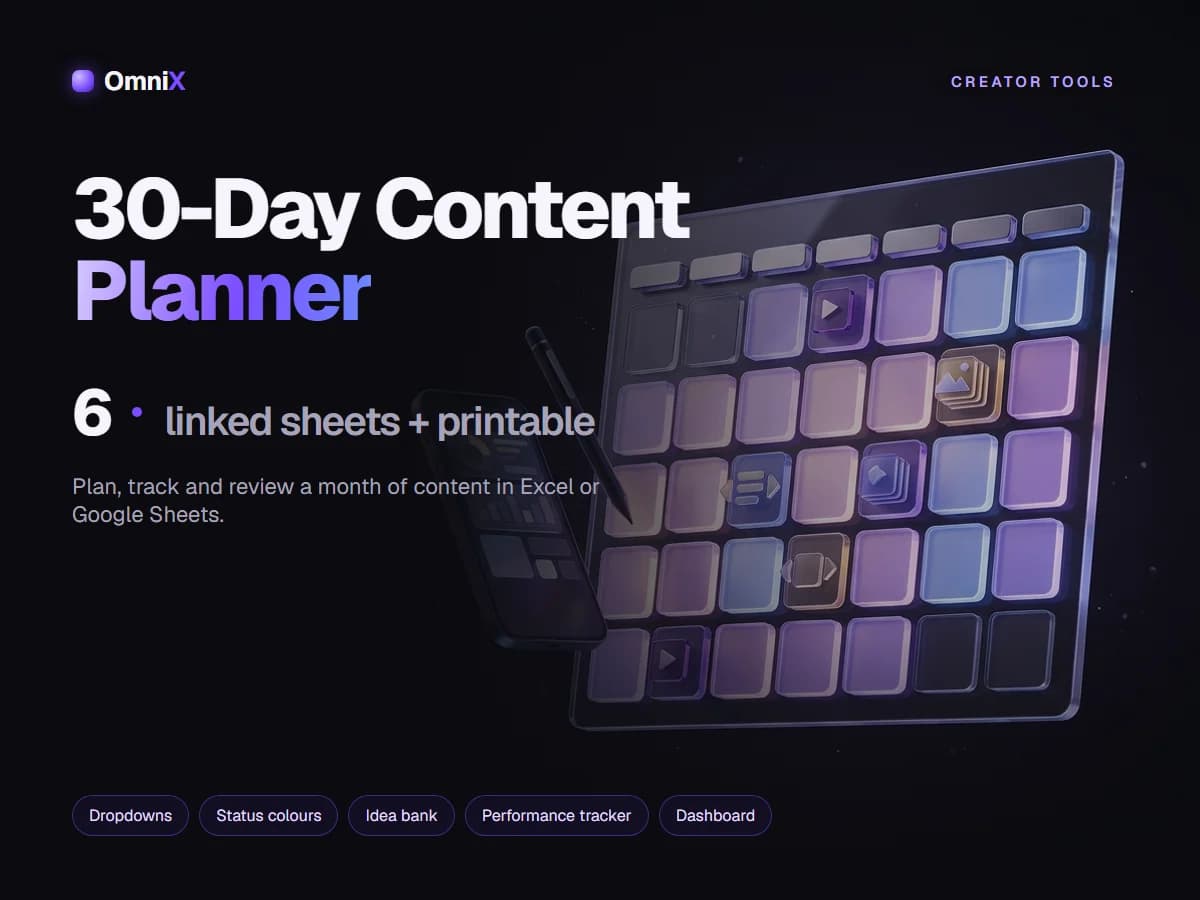 30-Day Content Planner — Editable Excel & Google Sheets Template with Tracker + Printable PDF