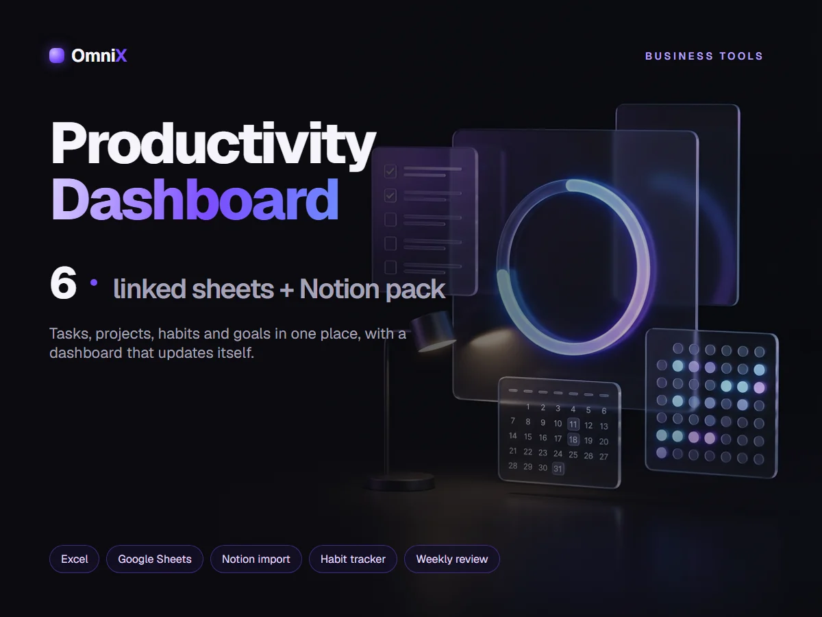 Productivity Dashboard — Tasks, Projects, Habits & Goals Planner for Excel, Google Sheets + Notion Import Pack