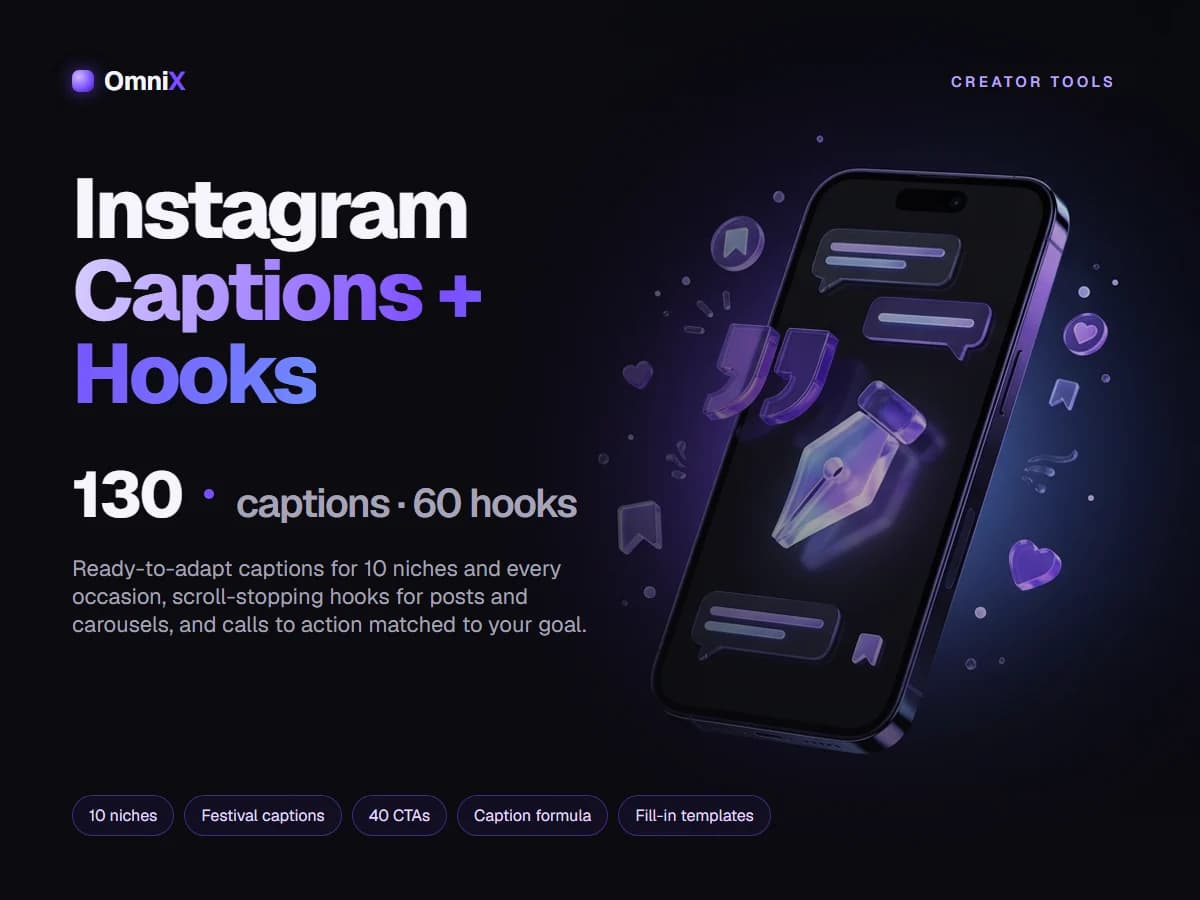 Instagram Captions + Hooks Pack — 130 Captions, 60 Post Hooks & 40 CTAs for 10 Niches (PDF)
