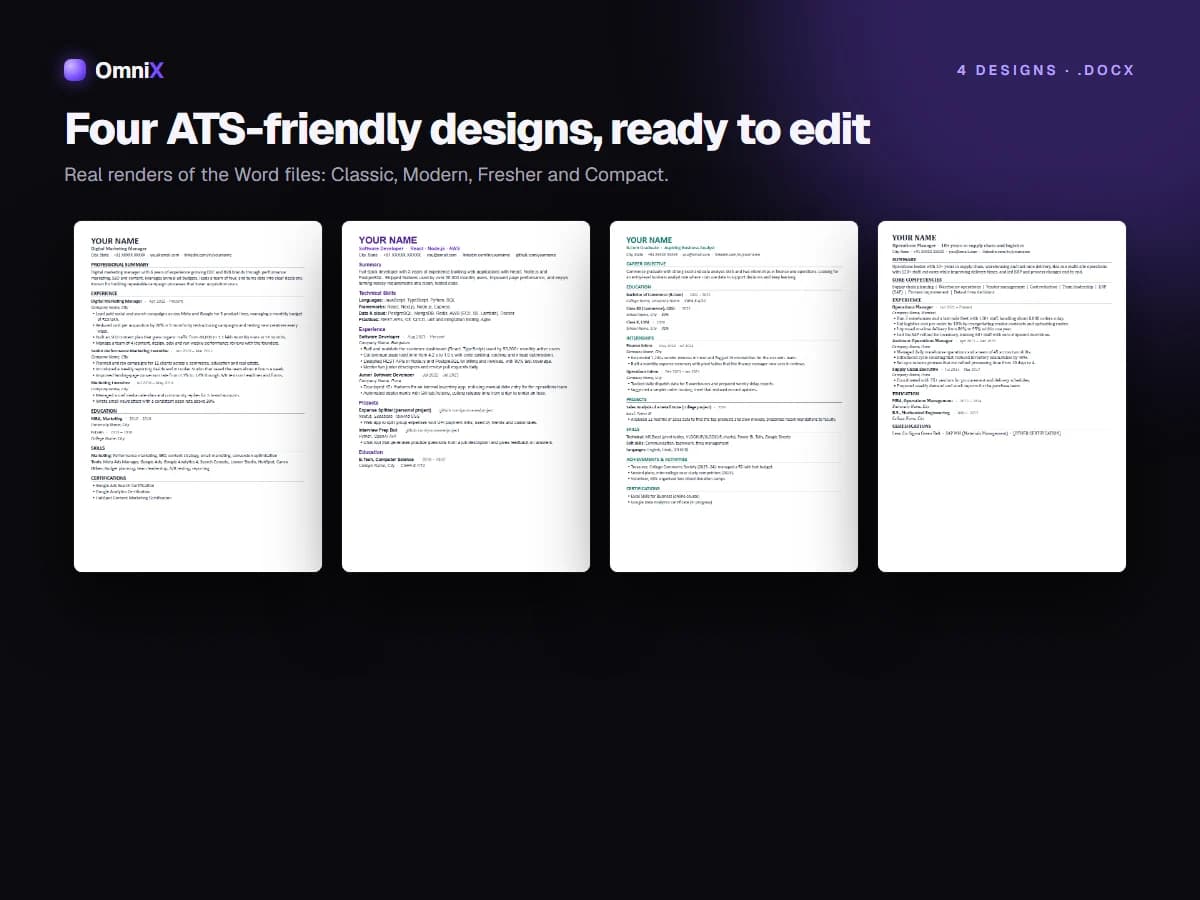 ATS-Friendly Resume Templates — 4 Editable Word (DOCX) Designs + ATS Resume Guide
