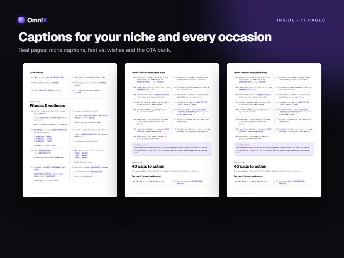 Instagram Captions + Hooks Pack — 130 Captions, 60 Post Hooks & 40 CTAs for 10 Niches (PDF)