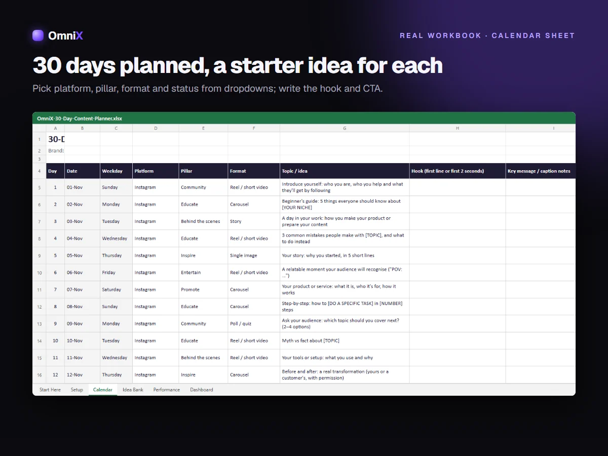 30-Day Content Planner — Editable Excel & Google Sheets Template with Tracker + Printable PDF
