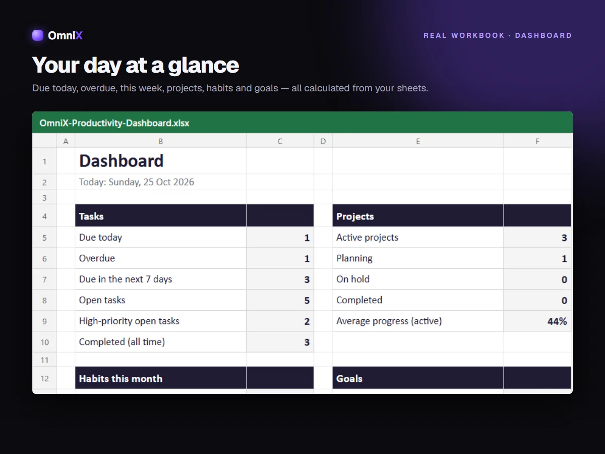 Productivity Dashboard — Tasks, Projects, Habits & Goals Planner for Excel, Google Sheets + Notion Import Pack